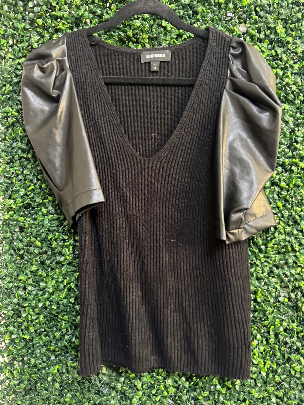 Express Black V-Neck Ribbed Knit Top with Faux Leather Puff Sleeves